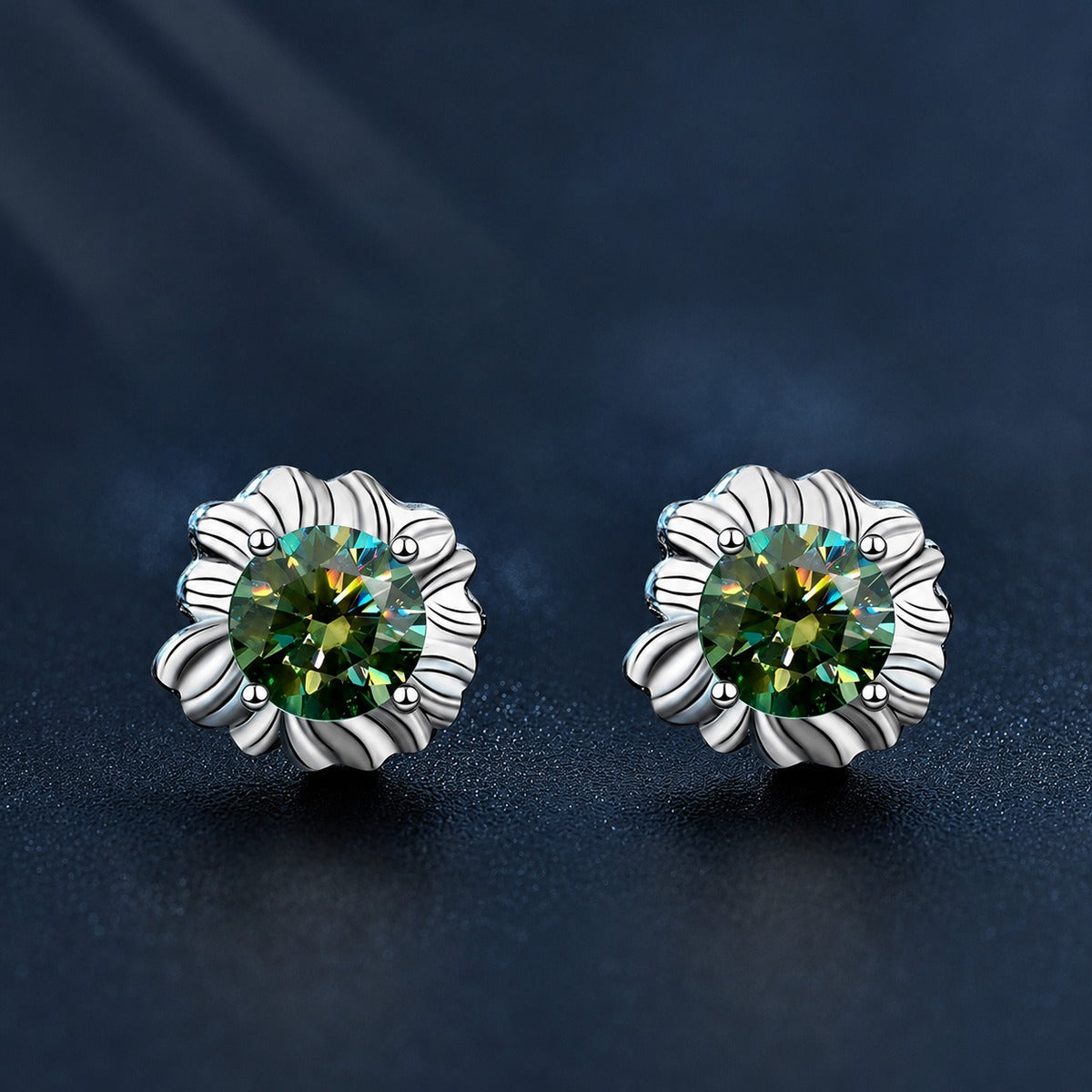 Sunflower Moissanite Stud Earrings in White Gold-Plated S925 sterling silver product scene view showing side profile