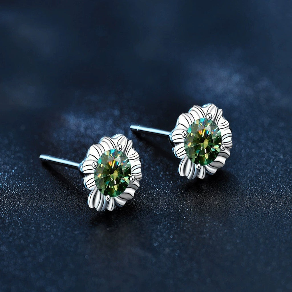 Sunflower Moissanite Stud Earrings in White Gold-Plated S925 sterling silver product scene view showing pair comparison