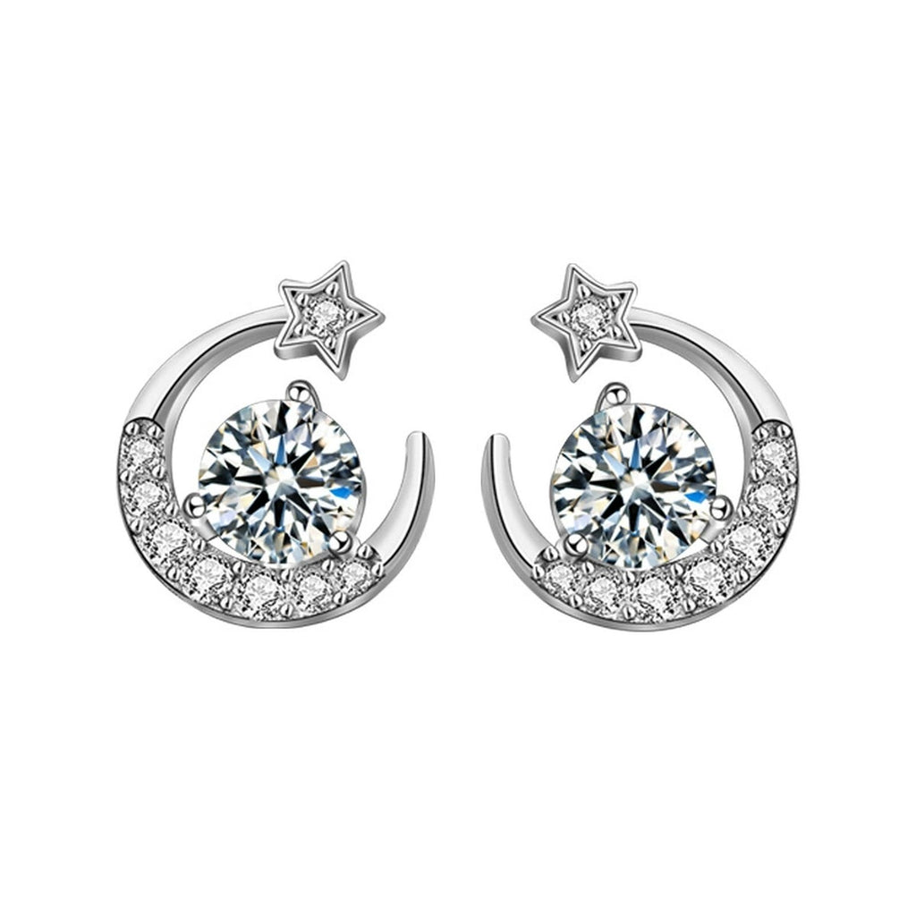 Star and Crescent Moon Round Moissanite Stud Earrings with CZ in White Gold-Plated S925 sterling silver white background product photo showing the pair, stone shape, and stud earrings silhouette