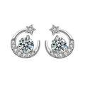Star and Crescent Moon Round Moissanite Stud Earrings with CZ in White Gold-Plated S925 sterling silver white background product photo showing the pair, stone shape, and stud earrings silhouette