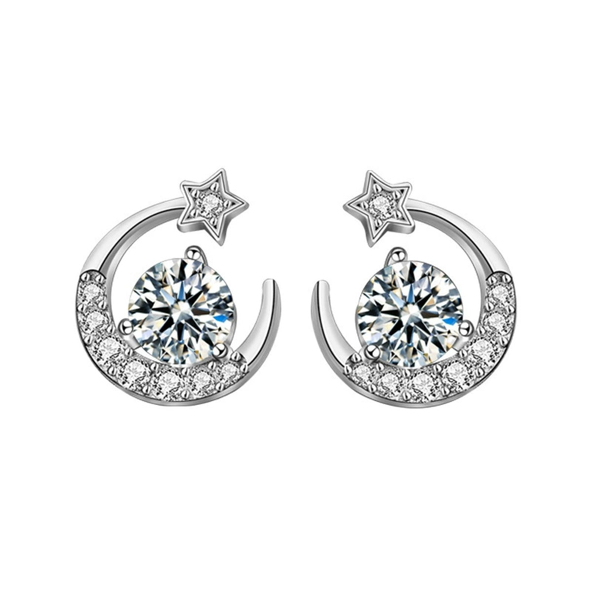Star and Crescent Moon Round Moissanite Stud Earrings with CZ in White Gold-Plated S925 sterling silver white background product photo showing the pair, stone shape, and stud earrings silhouette