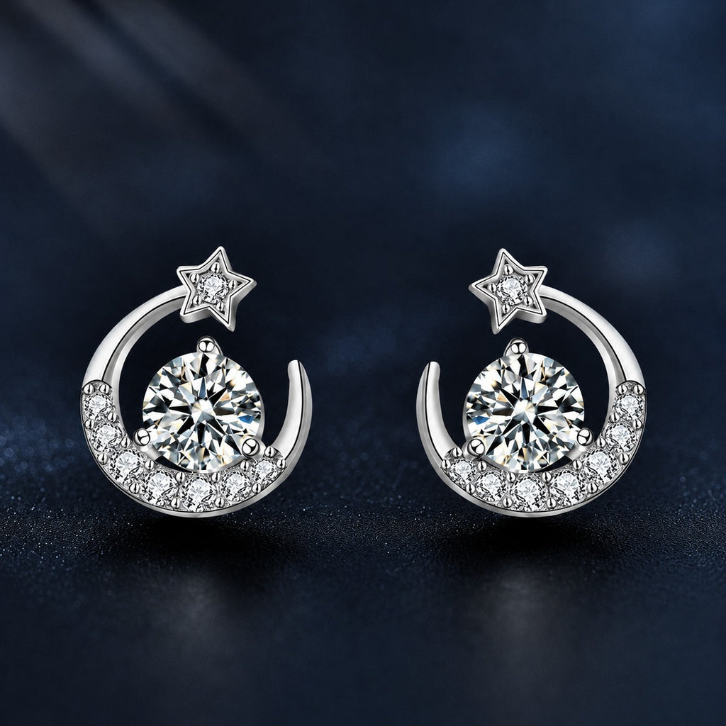 Star and Crescent Moon Round Moissanite Stud Earrings with CZ in White Gold-Plated S925 sterling silver product scene view showing front sparkle