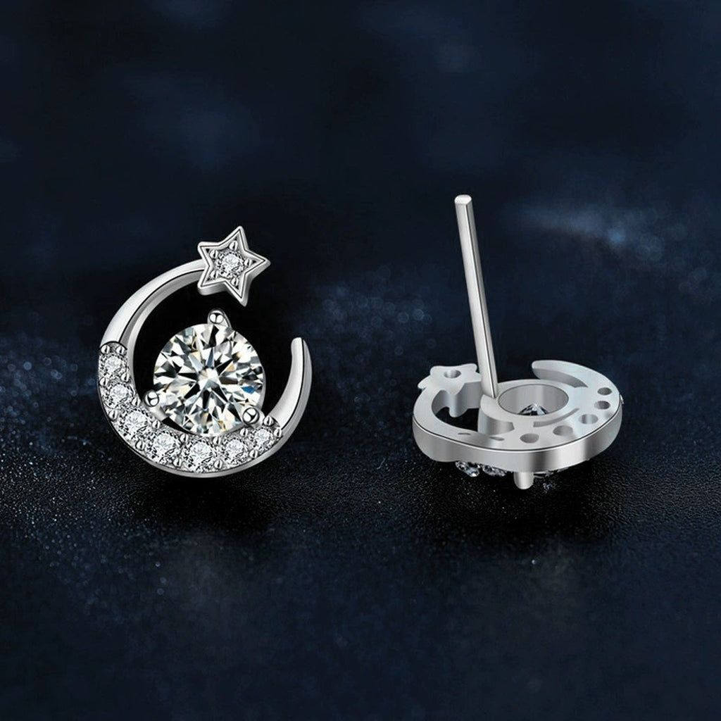 Star and Crescent Moon Round Moissanite Stud Earrings with CZ in White Gold-Plated S925 sterling silver product scene view showing angled setting detail