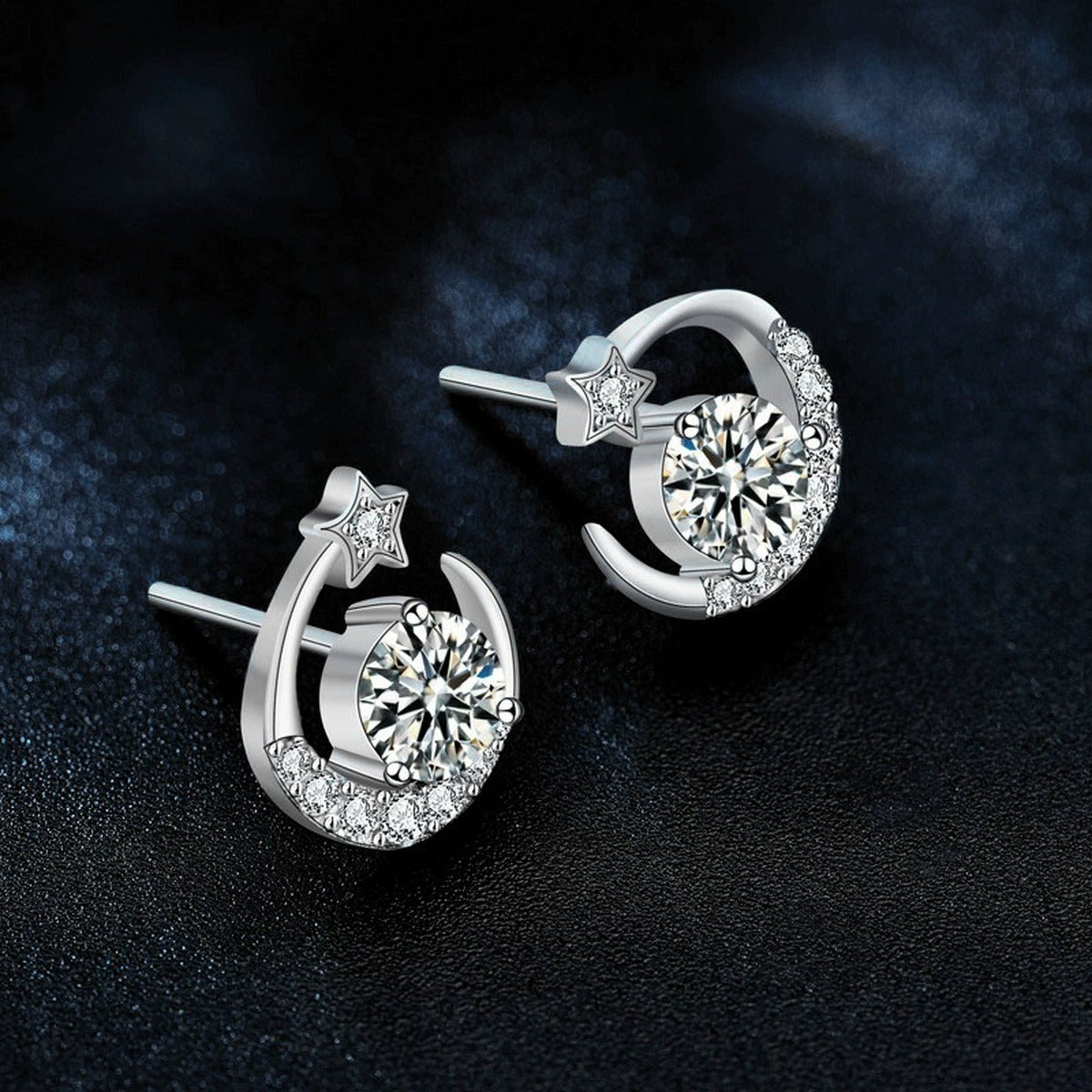 Star and Crescent Moon Round Moissanite Stud Earrings with CZ in White Gold-Plated S925 sterling silver product scene view showing side profile