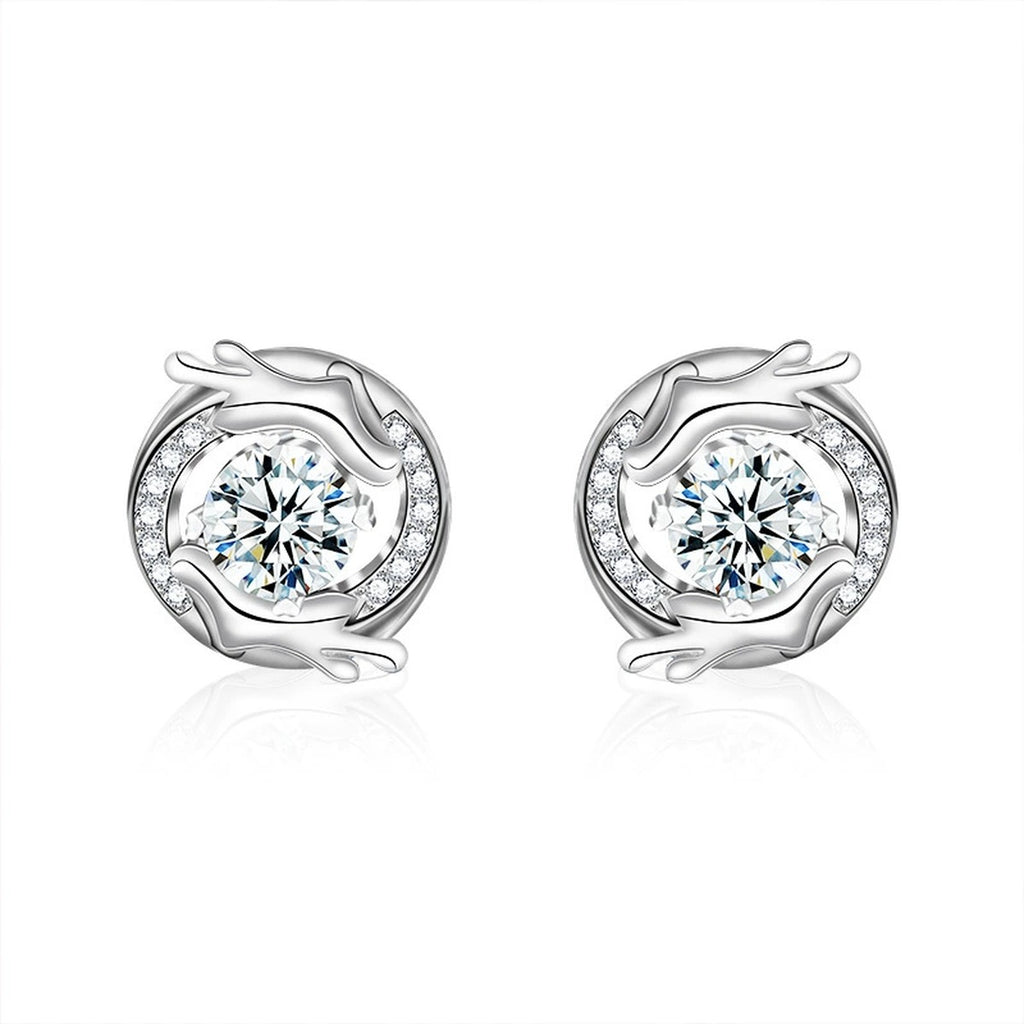 Dragon Round Moissanite Stud Earrings with CZ in White Gold-Plated S925 sterling silver white background product photo showing the pair, stone shape, and stud earrings silhouette