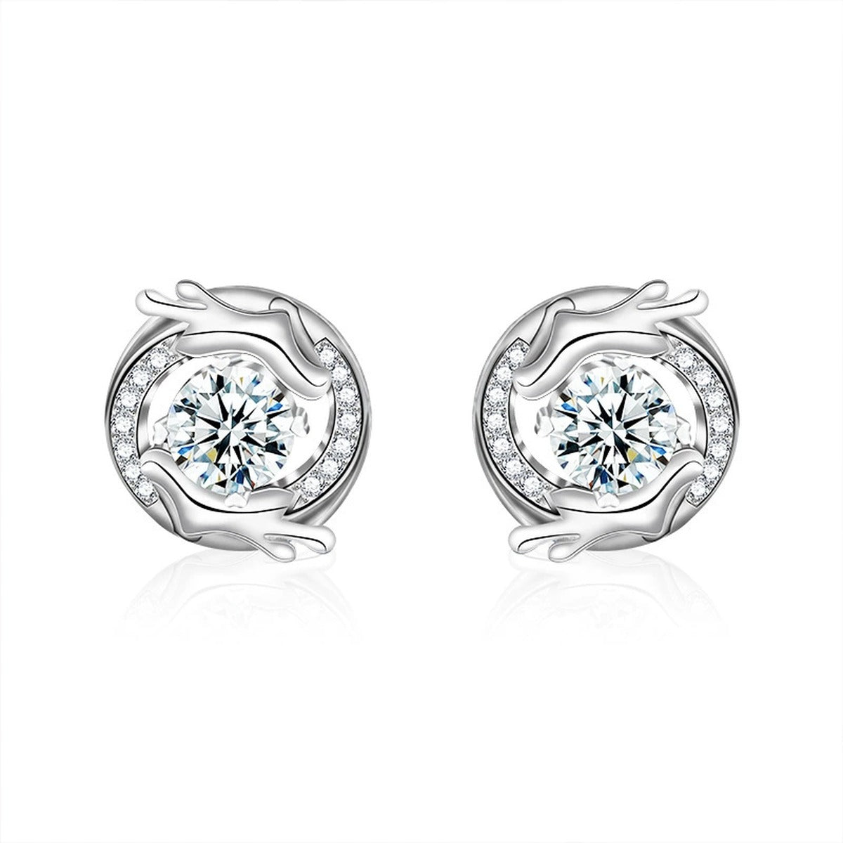 Dragon Round Moissanite Stud Earrings with CZ in White Gold-Plated S925 sterling silver white background product photo showing the pair, stone shape, and stud earrings silhouette