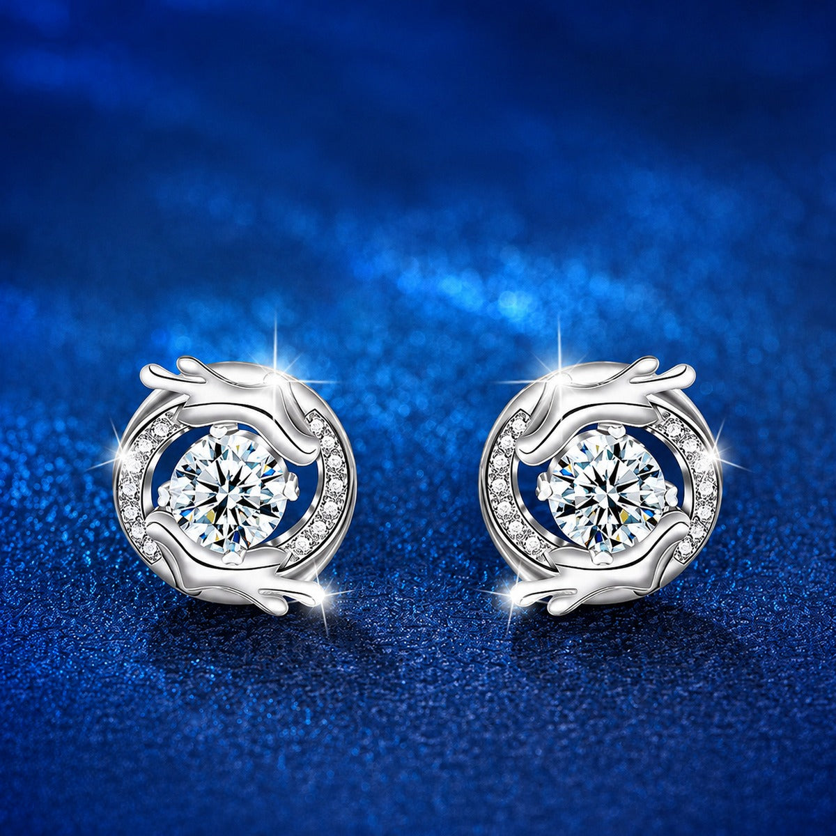 Dragon Round Moissanite Stud Earrings with CZ in White Gold-Plated S925 sterling silver product scene view showing front sparkle
