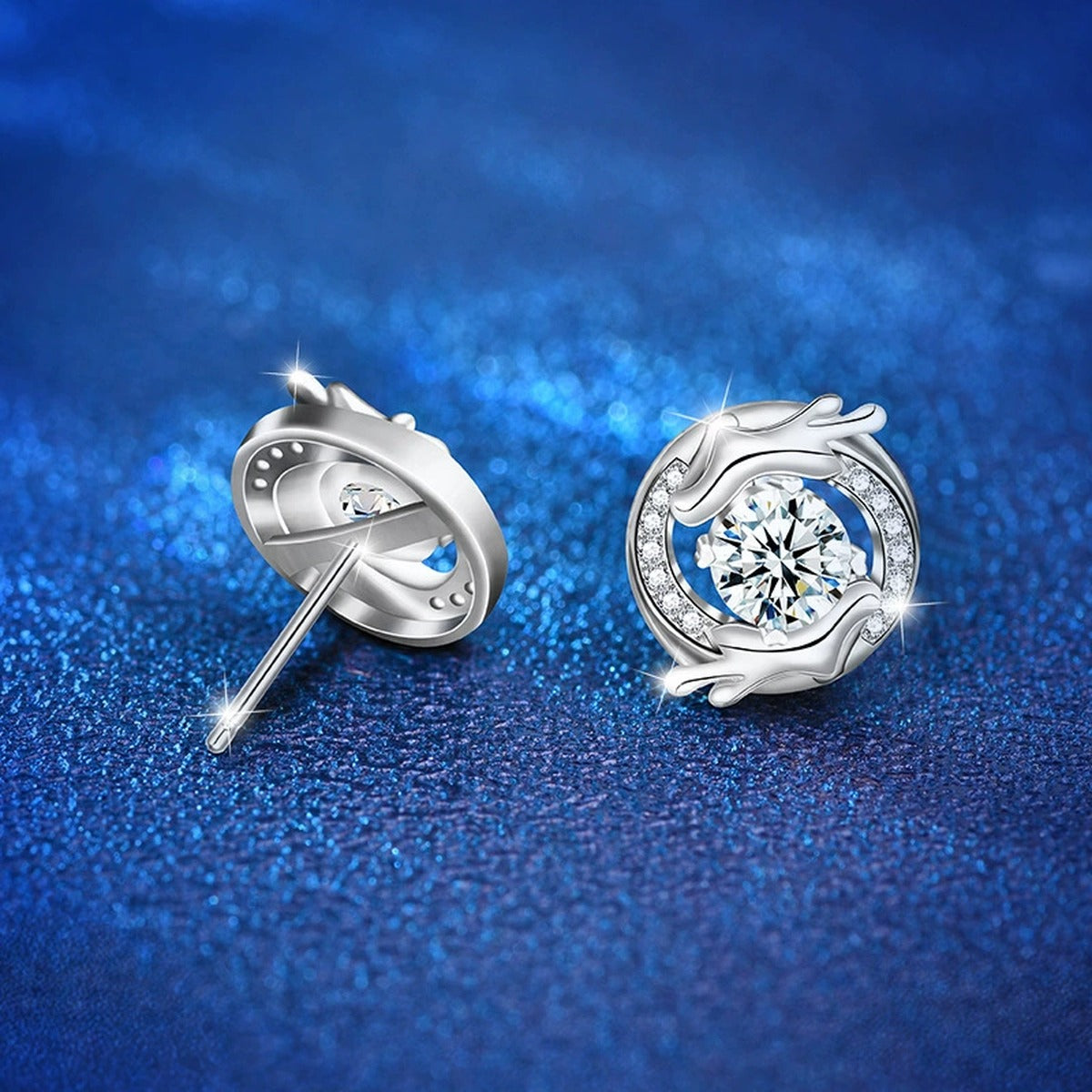 Dragon Round Moissanite Stud Earrings with CZ in White Gold-Plated S925 sterling silver product scene view showing angled setting detail