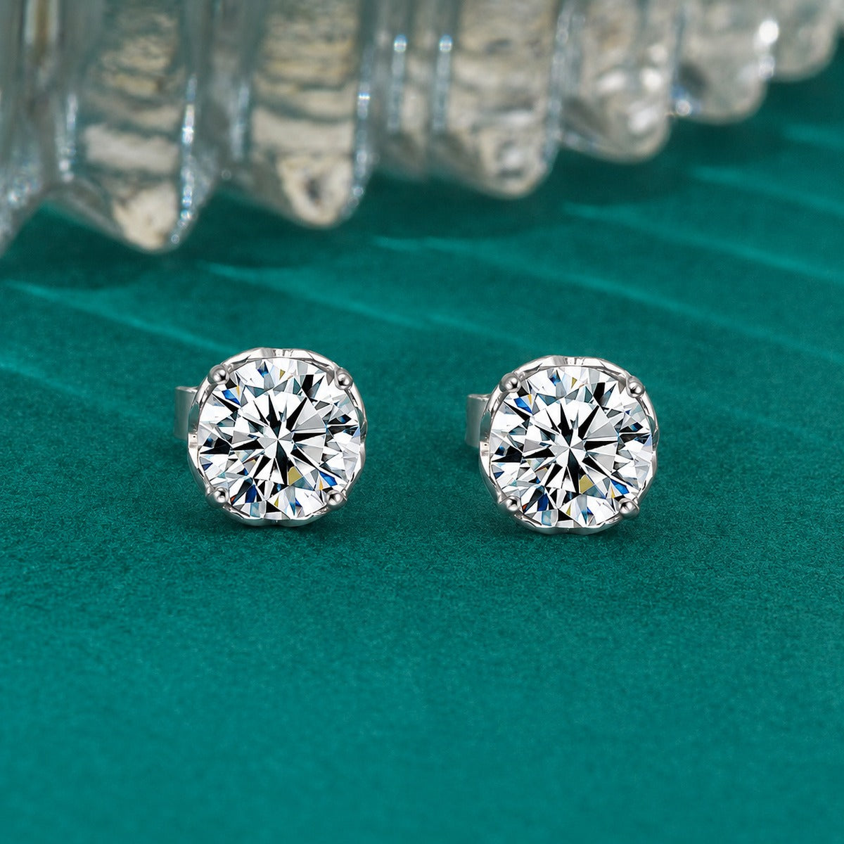 Four-Prong Round Moissanite Solitaire Stud Earrings in Gold-Plated S925 sterling silver product scene view showing angled setting detail