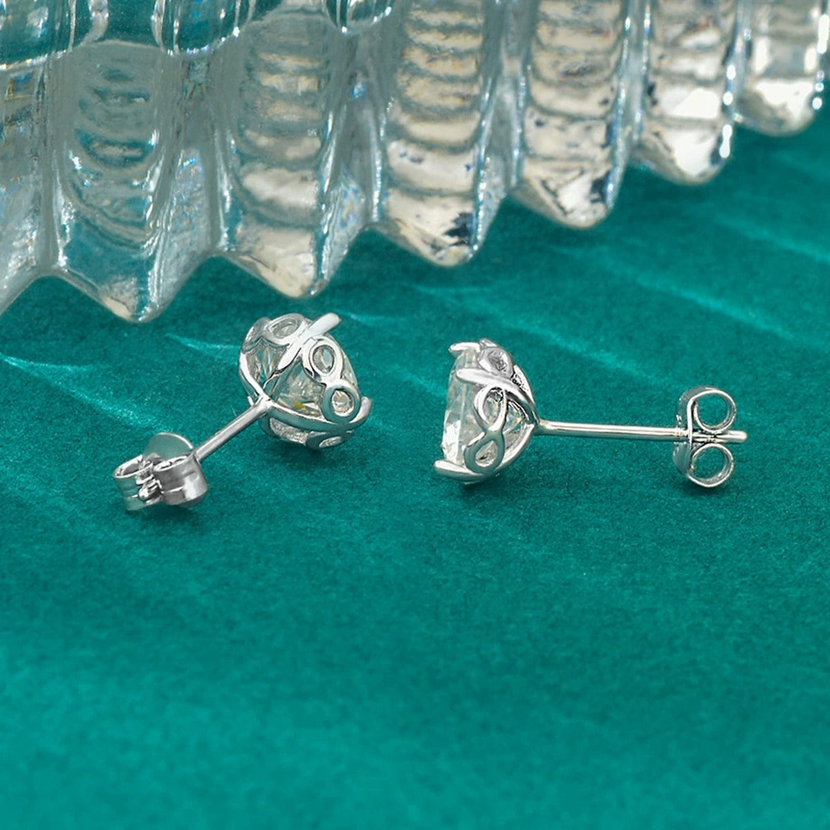 Four-Prong Round Moissanite Solitaire Stud Earrings in Gold-Plated S925 sterling silver product scene view showing side profile