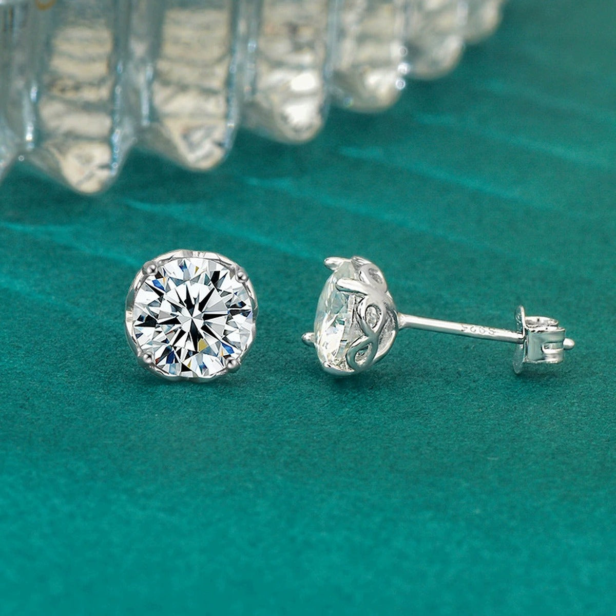 Four-Prong Round Moissanite Solitaire Stud Earrings in Gold-Plated S925 sterling silver product scene view showing pair comparison