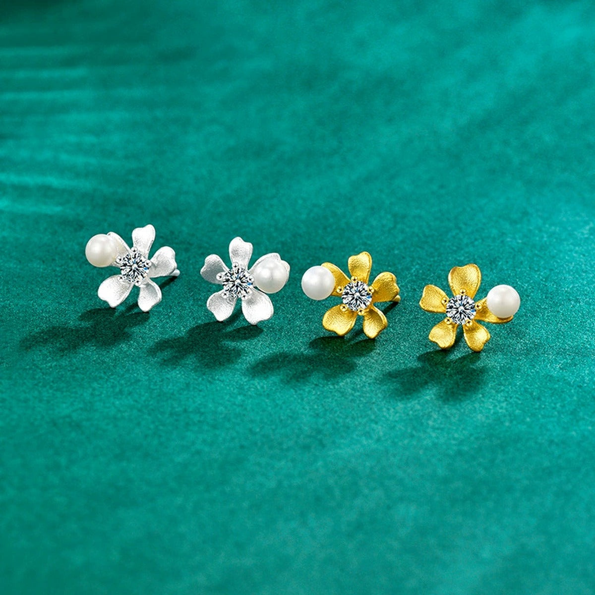 Orchid Pearl Round Moissanite Stud Earrings in Gold-Plated S925 sterling silver product scene view showing side profile