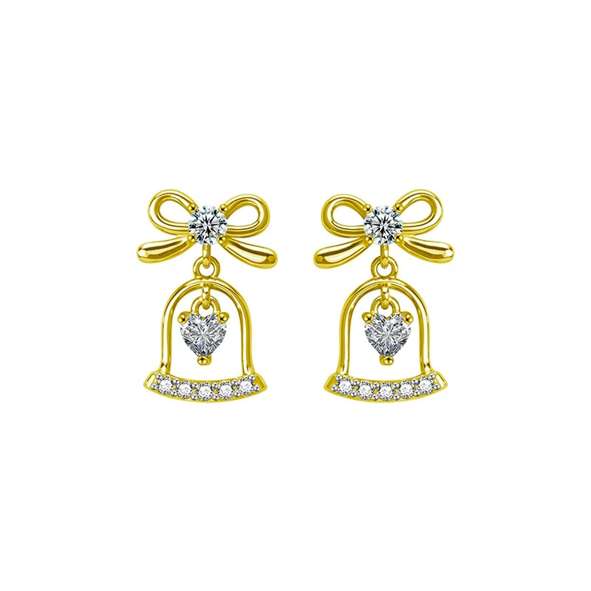 Bowknot Bell Heart Moissanite Stud Dangle Earrings with CZ in Gold-Plated S925 sterling silver white background product photo showing the pair, stone shape, and stud dangle earrings silhouette