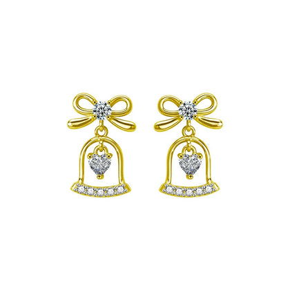 Bowknot Bell Heart Moissanite Stud Dangle Earrings with CZ in Gold-Plated S925 sterling silver white background product photo showing the pair, stone shape, and stud dangle earrings silhouette