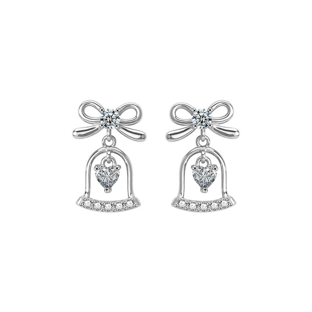 Bowknot Bell Heart Moissanite Stud Dangle Earrings with CZ in Gold-Plated S925 sterling silver product scene view showing front sparkle