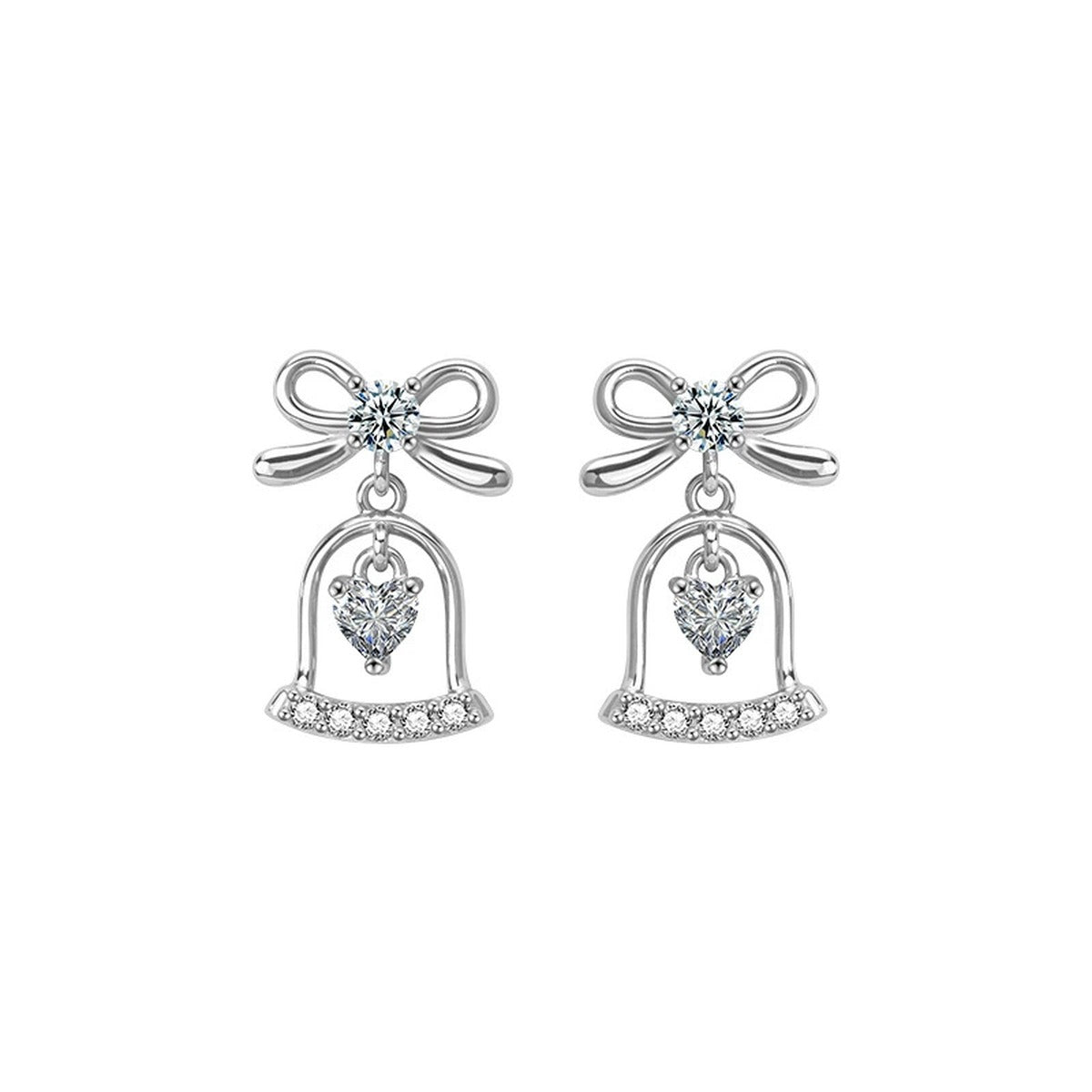 Bowknot Bell Heart Moissanite Stud Dangle Earrings with CZ in Gold-Plated S925 sterling silver product scene view showing front sparkle