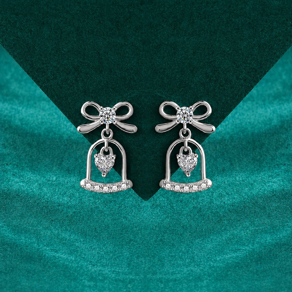 Bowknot Bell Heart Moissanite Stud Dangle Earrings with CZ in Gold-Plated S925 sterling silver product scene view showing angled setting detail