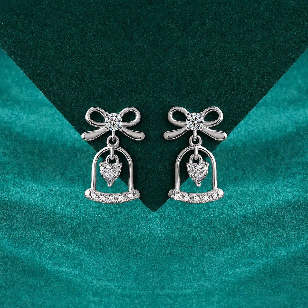 Bowknot Bell Heart Moissanite Stud Dangle Earrings with CZ in Gold-Plated S925 sterling silver product scene view showing angled setting detail