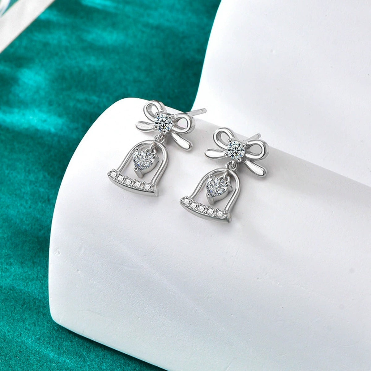 Bowknot Bell Heart Moissanite Stud Dangle Earrings with CZ in Gold-Plated S925 sterling silver product scene view showing side profile