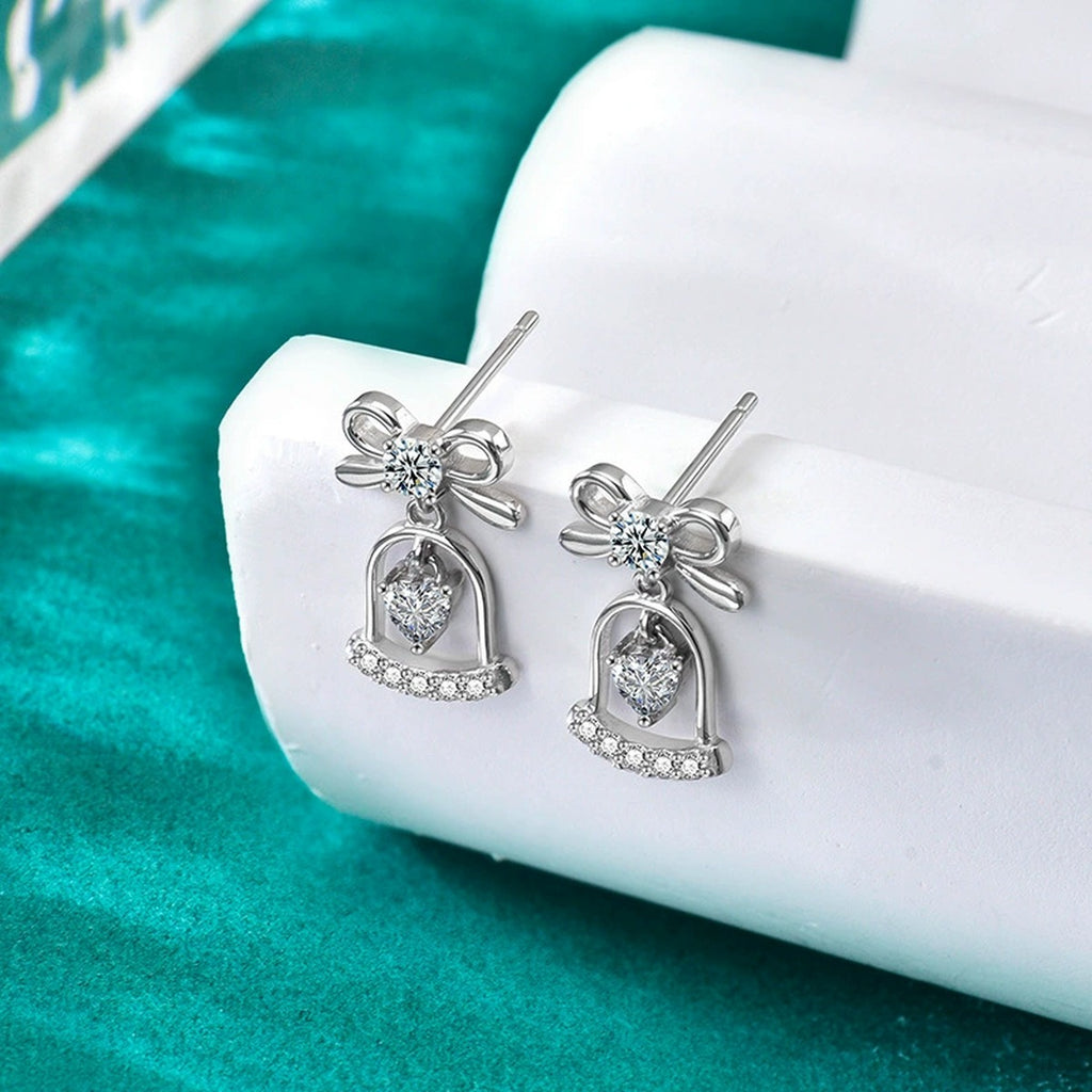 Bowknot Bell Heart Moissanite Stud Dangle Earrings with CZ in Gold-Plated S925 sterling silver product scene view showing pair comparison