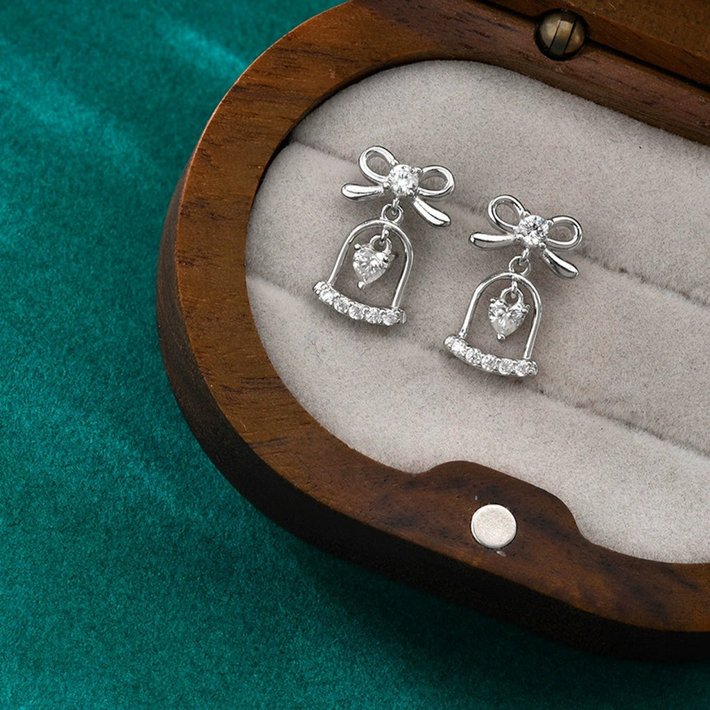 Bowknot Bell Heart Moissanite Stud Dangle Earrings with CZ in Gold-Plated S925 sterling silver product scene view showing pair comparison