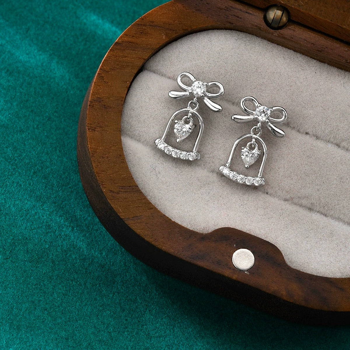 Bowknot Bell Heart Moissanite Stud Dangle Earrings with CZ in Gold-Plated S925 sterling silver product scene view showing pair comparison