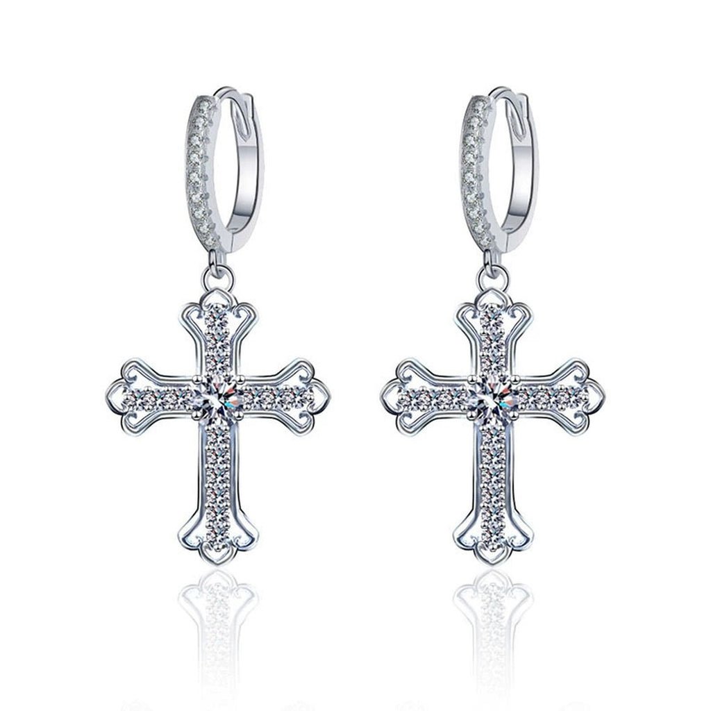 Cross Round Moissanite Hoop Dangle Earrings with CZ in White Gold-Plated S925 sterling silver white background product photo showing the pair, stone shape, and hoop dangle earrings silhouette