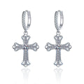 Cross Round Moissanite Hoop Dangle Earrings with CZ in White Gold-Plated S925 sterling silver white background product photo showing the pair, stone shape, and hoop dangle earrings silhouette