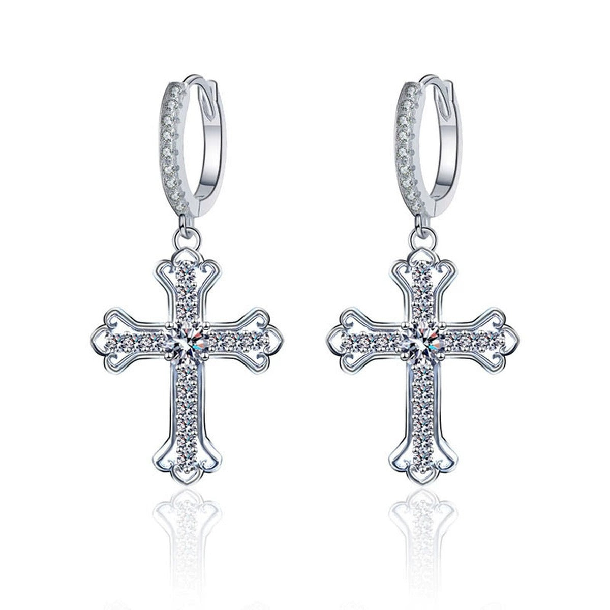 Cross Round Moissanite Hoop Dangle Earrings with CZ in White Gold-Plated S925 sterling silver white background product photo showing the pair, stone shape, and hoop dangle earrings silhouette