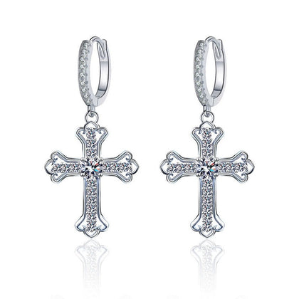 Cross Round Moissanite Hoop Dangle Earrings with CZ in White Gold-Plated S925 sterling silver white background product photo showing the pair, stone shape, and hoop dangle earrings silhouette