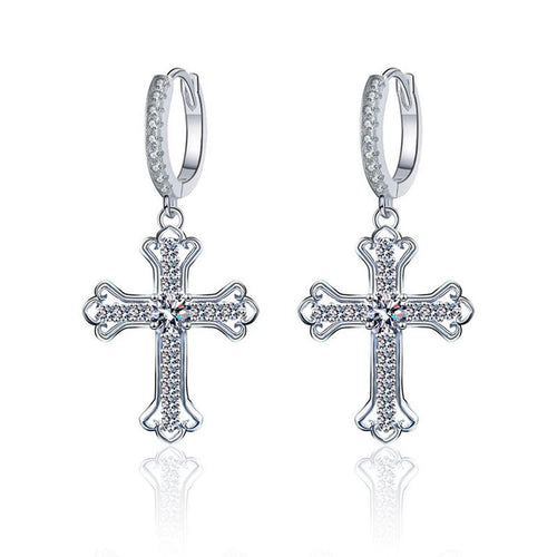 Cross Round Moissanite Hoop Dangle Earrings with CZ in White Gold-Plated S925 sterling silver white background product photo showing the pair, stone shape, and hoop dangle earrings silhouette