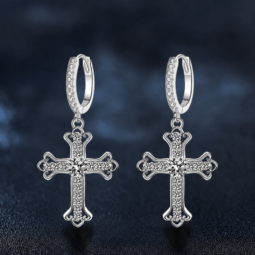 Cross Round Moissanite Hoop Dangle Earrings with CZ in White Gold-Plated S925 sterling silver product scene view showing front sparkle