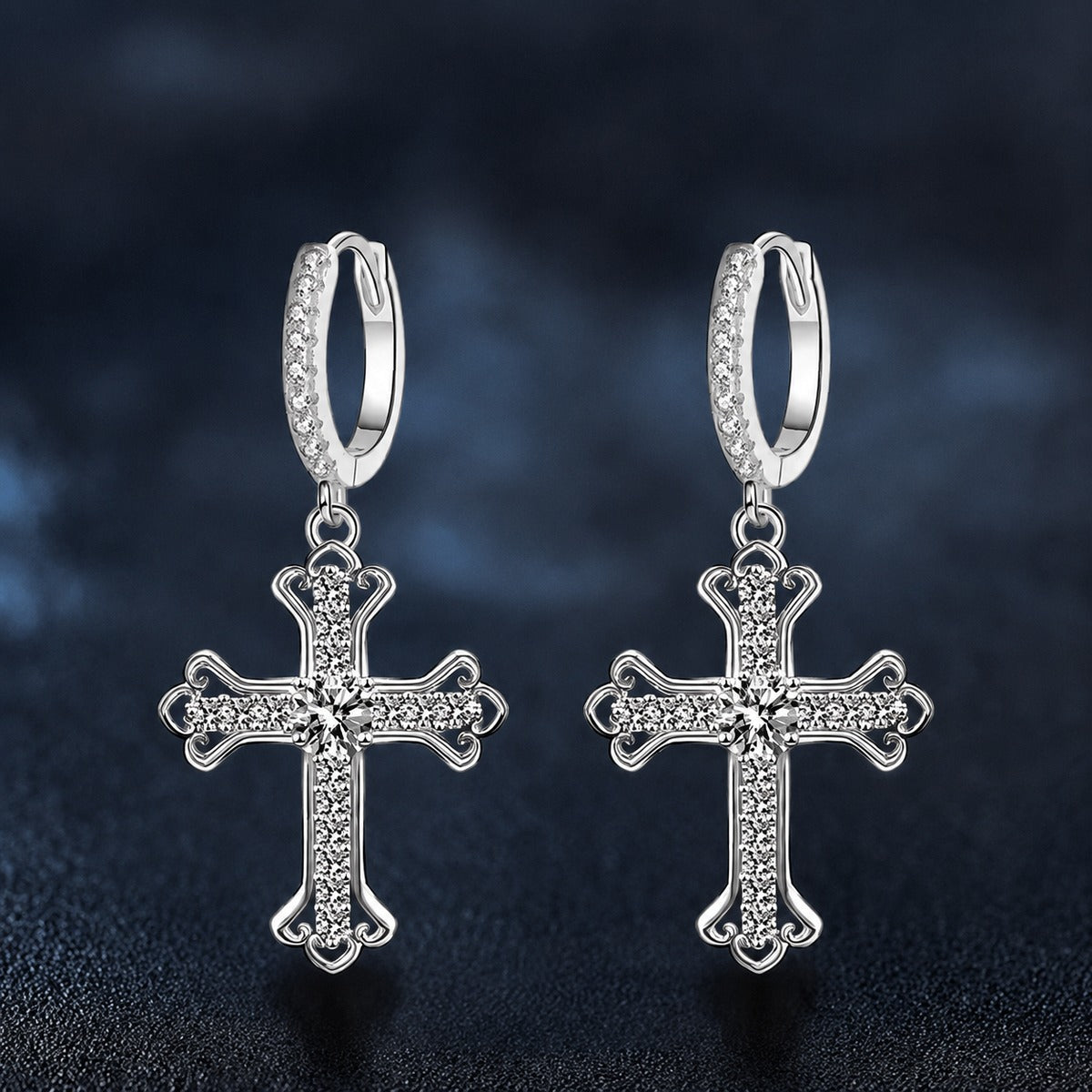 Cross Round Moissanite Hoop Dangle Earrings with CZ in White Gold-Plated S925 sterling silver product scene view showing front sparkle