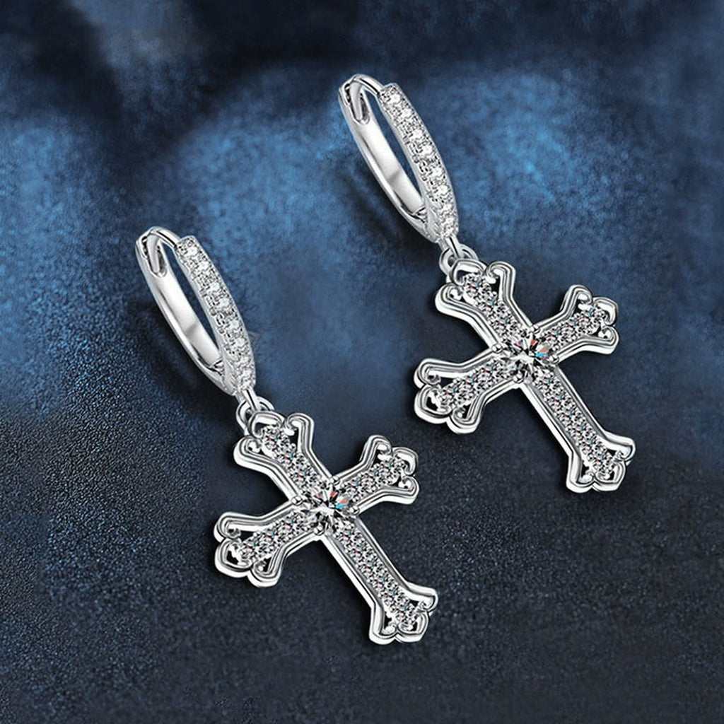 Cross Round Moissanite Hoop Dangle Earrings with CZ in White Gold-Plated S925 sterling silver product scene view showing angled setting detail