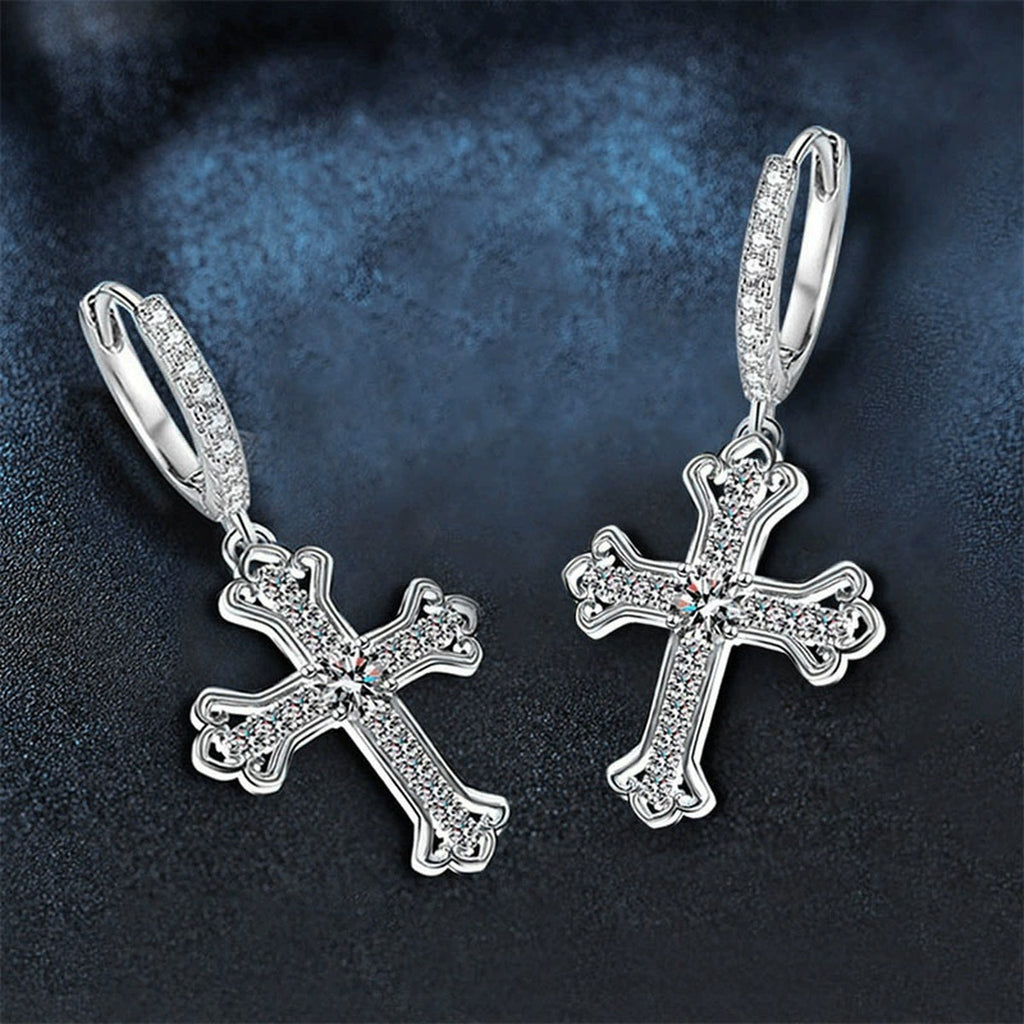 Cross Round Moissanite Hoop Dangle Earrings with CZ in White Gold-Plated S925 sterling silver product scene view showing side profile