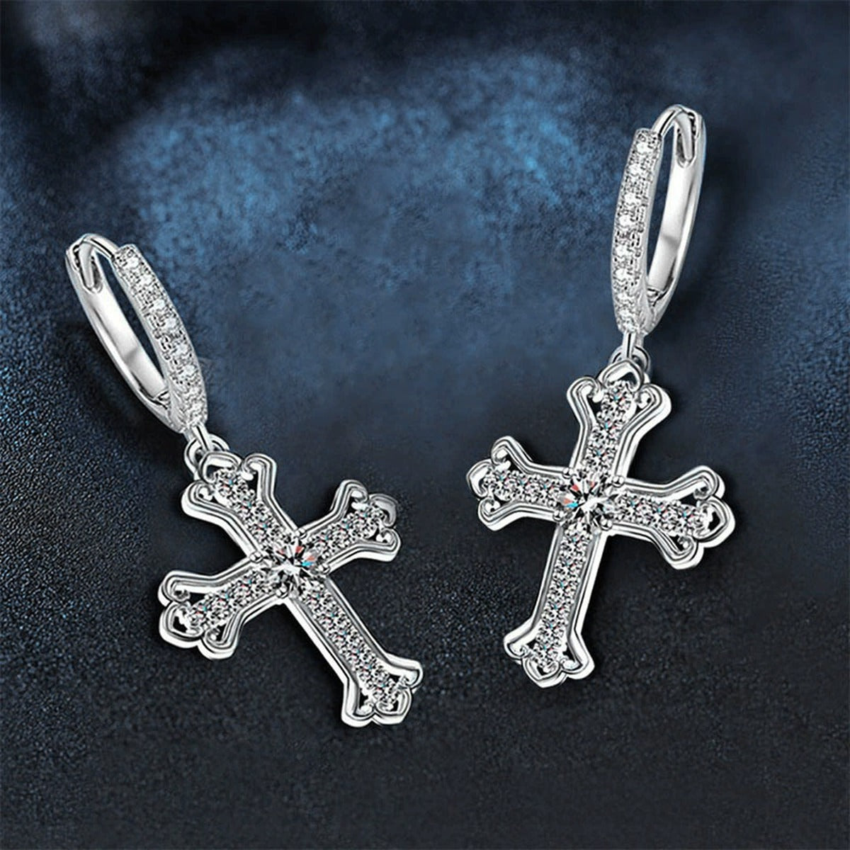 Cross Round Moissanite Hoop Dangle Earrings with CZ in White Gold-Plated S925 sterling silver product scene view showing side profile
