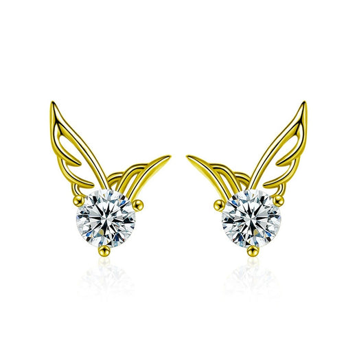 Angel Wing Round Moissanite Stud Earrings in Gold-Plated S925 Sterling Silver