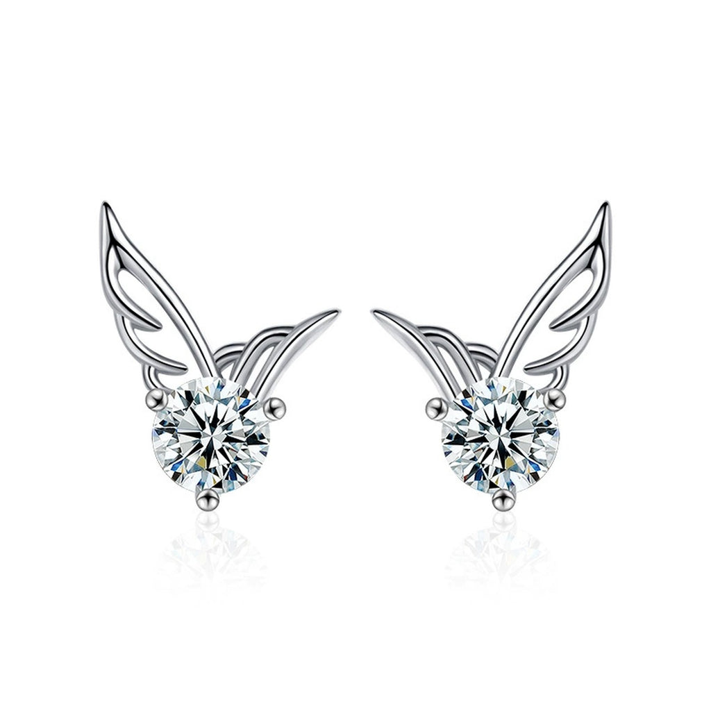 Angel Wing Round Moissanite Stud Earrings in Gold-Plated S925 sterling silver product scene view showing front sparkle