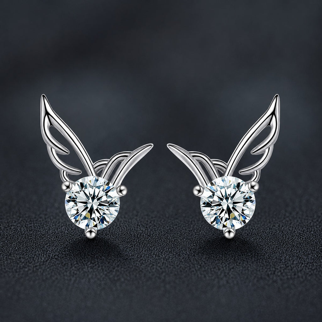 Angel Wing Round Moissanite Stud Earrings in Gold-Plated S925 sterling silver product scene view showing angled setting detail