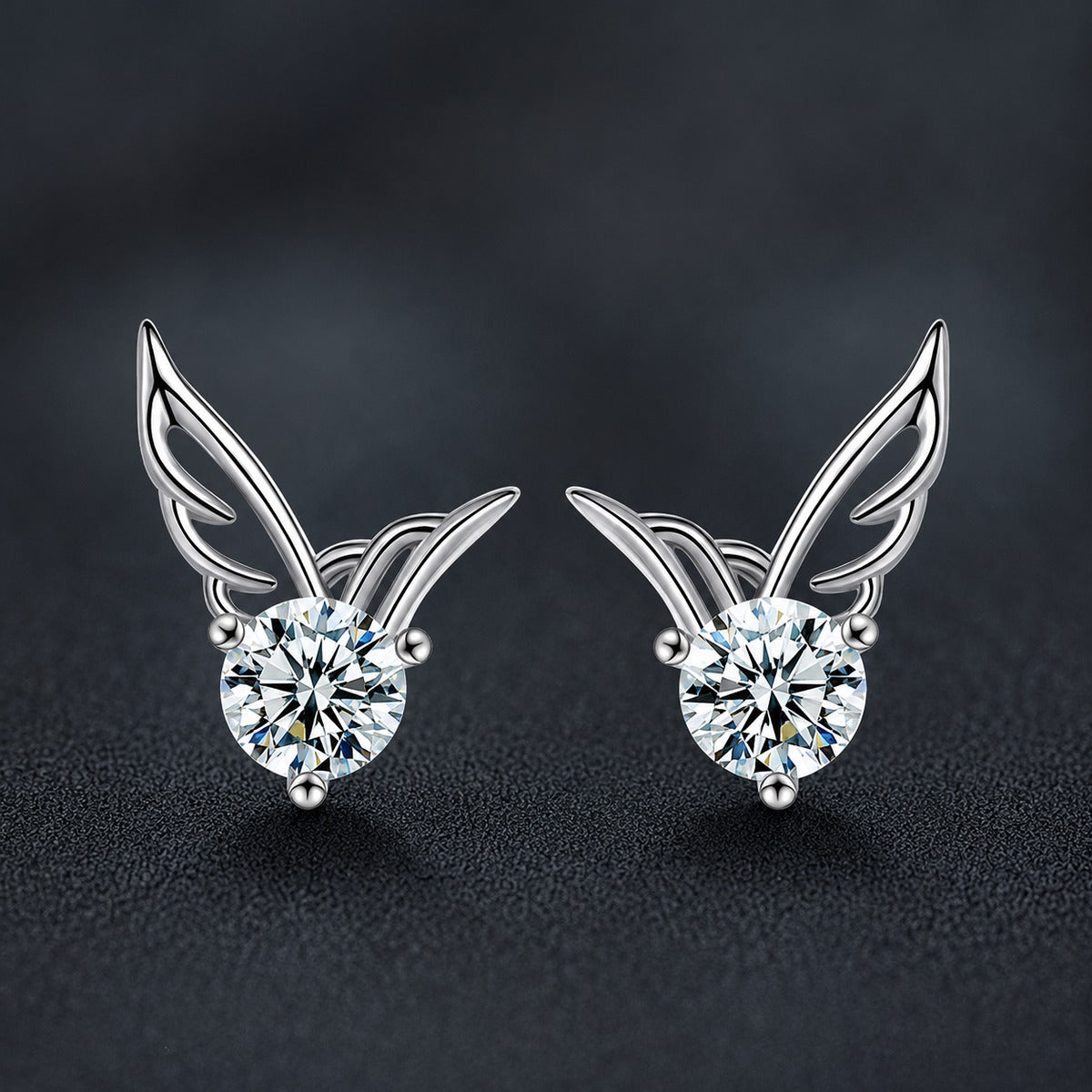 Angel Wing Round Moissanite Stud Earrings in Gold-Plated S925 sterling silver product scene view showing angled setting detail