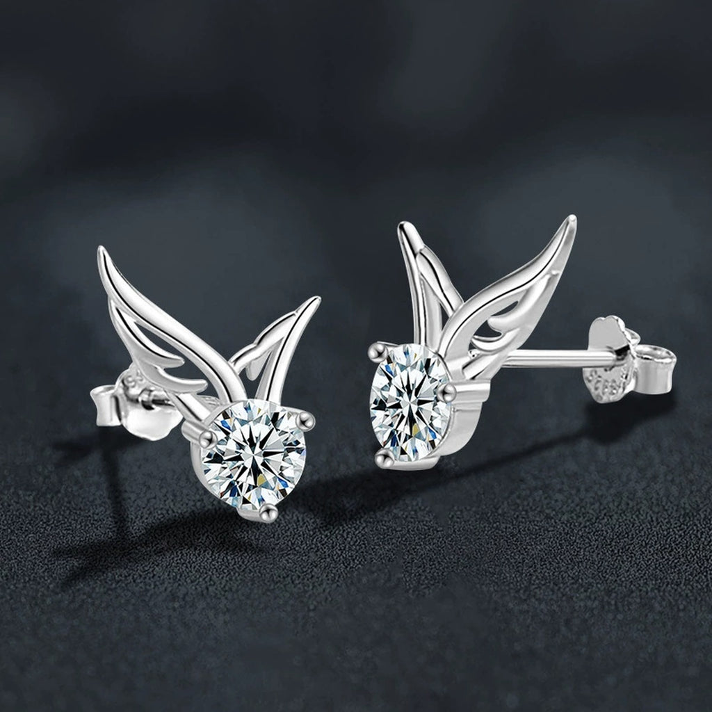 Angel Wing Round Moissanite Stud Earrings in Gold-Plated S925 sterling silver product scene view showing side profile