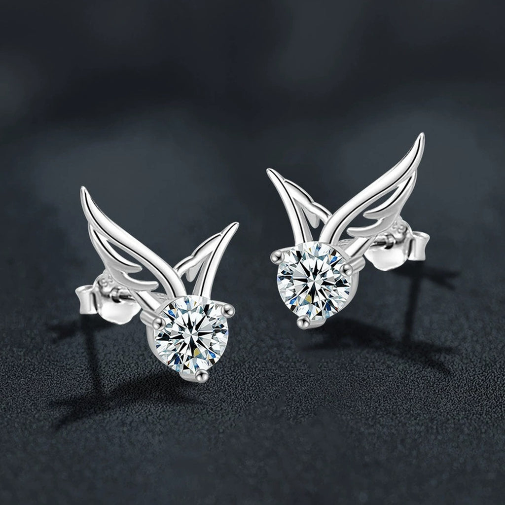 Angel Wing Round Moissanite Stud Earrings in Gold-Plated S925 sterling silver product scene view showing pair comparison