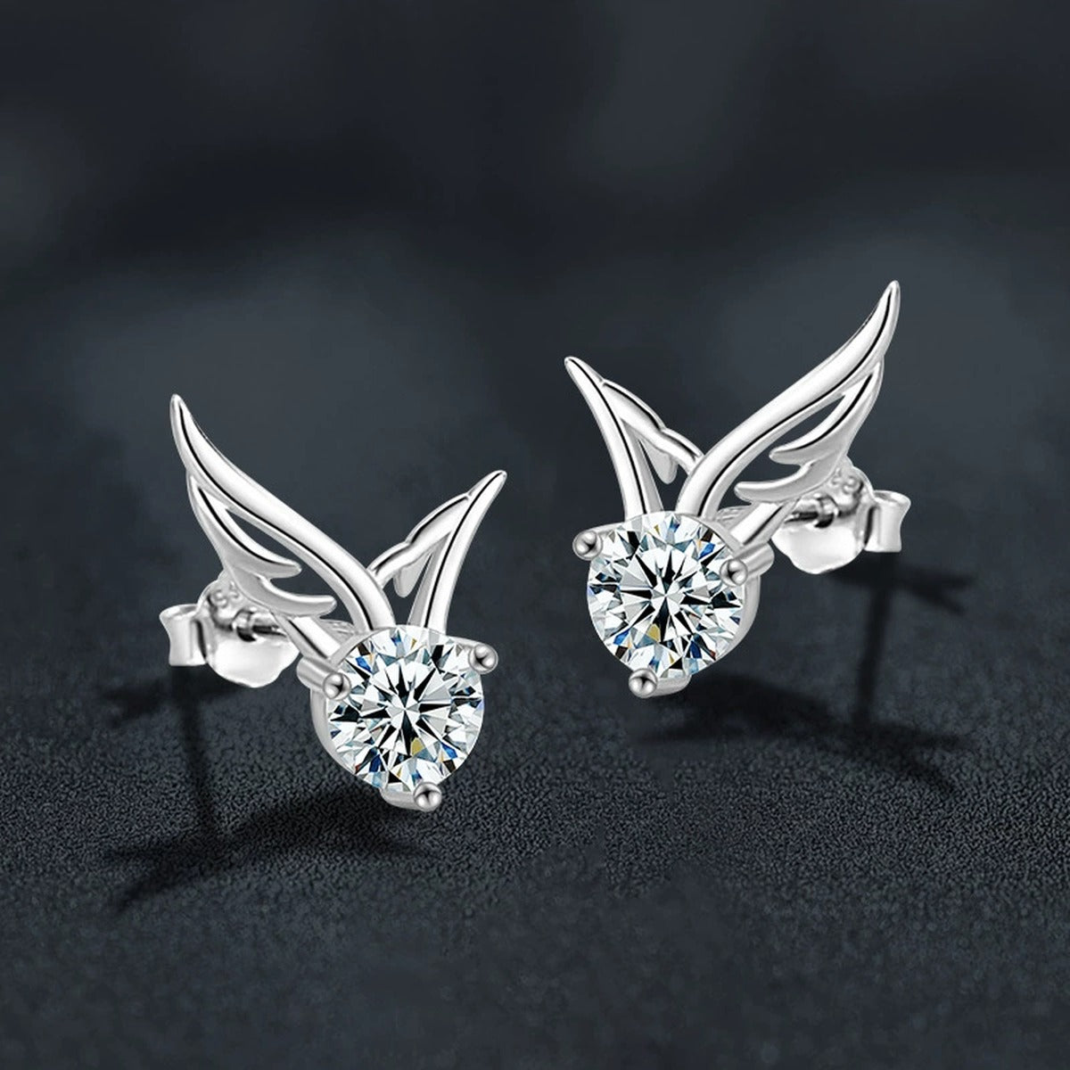 Angel Wing Round Moissanite Stud Earrings in Gold-Plated S925 sterling silver product scene view showing pair comparison