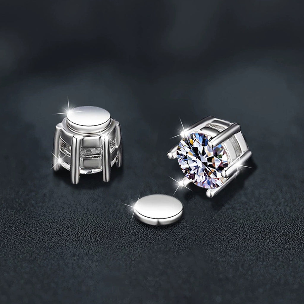 Magnetic Clip-On Round Moissanite Stud Earrings in Gold-Plated S925 sterling silver product scene view showing side profile