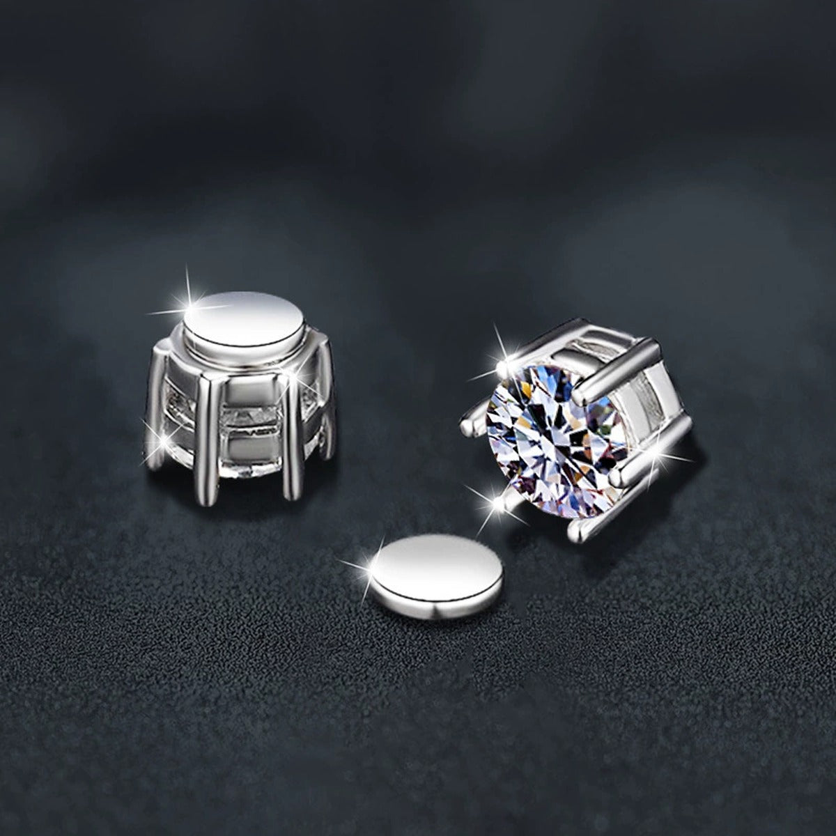 Magnetic Clip-On Round Moissanite Stud Earrings in Gold-Plated S925 sterling silver product scene view showing side profile