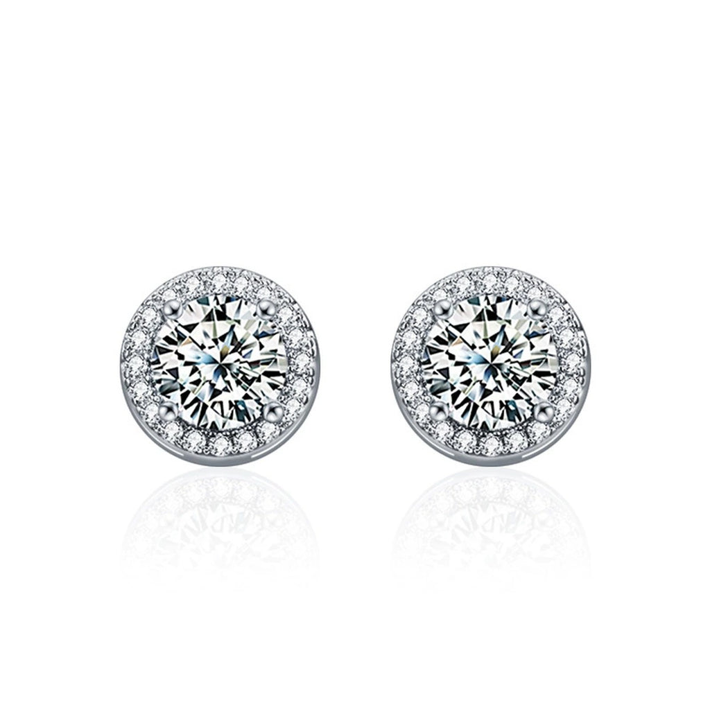 Round Halo Moissanite Stud Earrings with CZ in Gold-Plated S925 sterling silver product scene view showing front sparkle