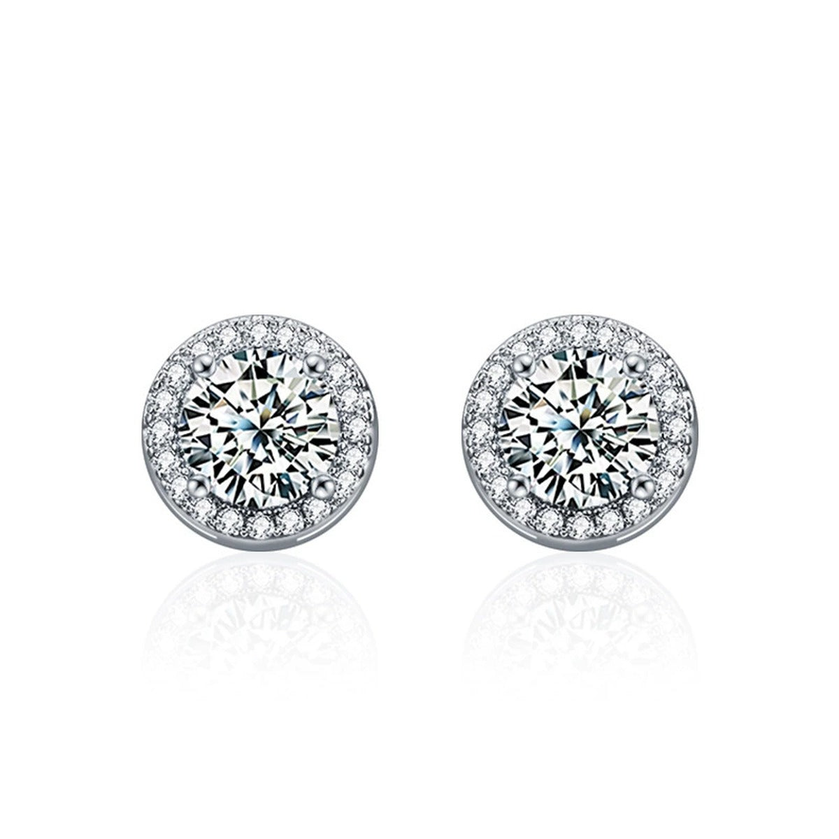 Round Halo Moissanite Stud Earrings with CZ in Gold-Plated S925 sterling silver product scene view showing front sparkle