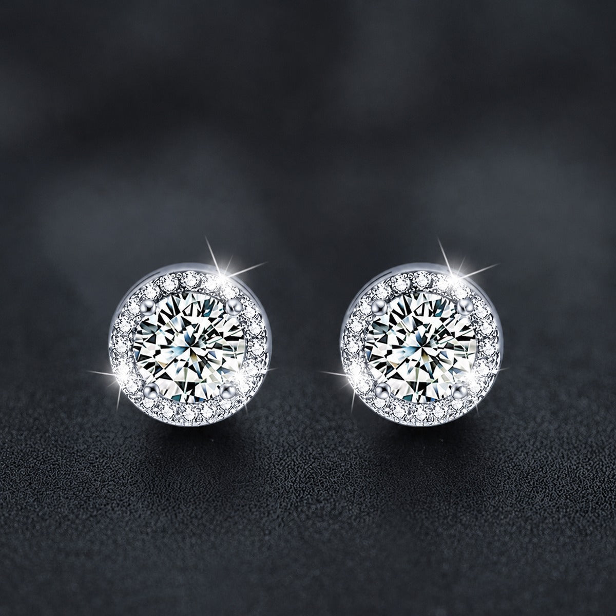 Round Halo Moissanite Stud Earrings with CZ in Gold-Plated S925 sterling silver product scene view showing angled setting detail