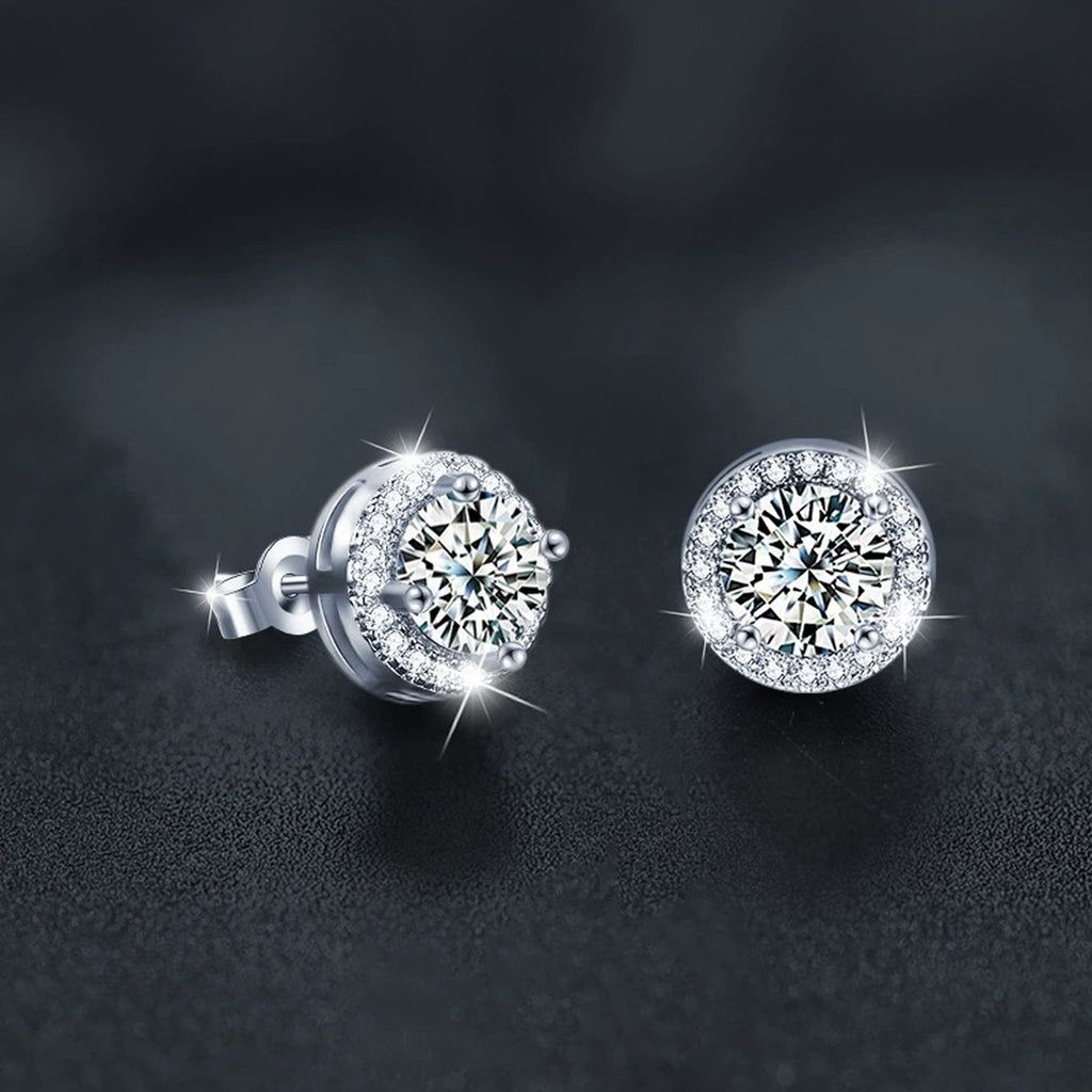 Round Halo Moissanite Stud Earrings with CZ in Gold-Plated S925 sterling silver product scene view showing side profile