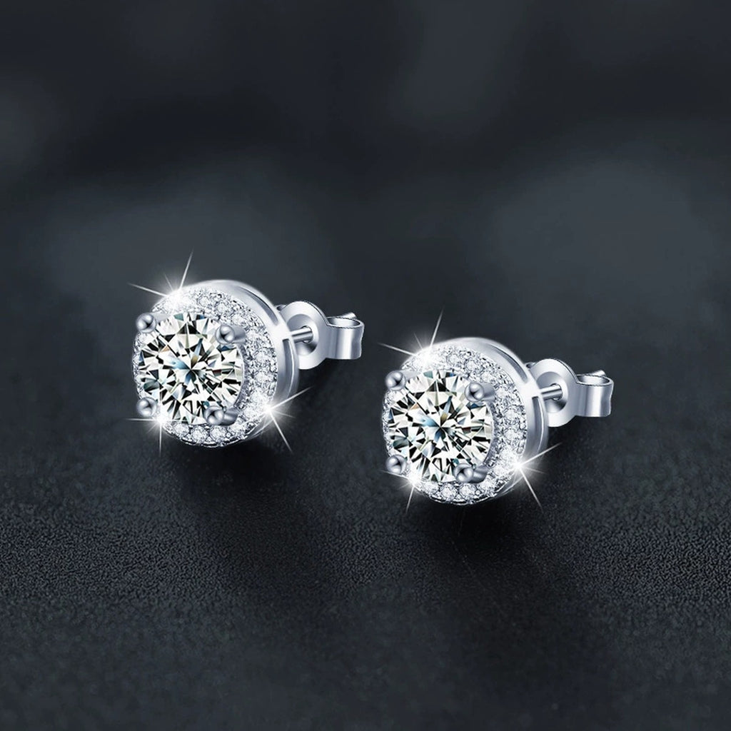 Round Halo Moissanite Stud Earrings with CZ in Gold-Plated S925 sterling silver product scene view showing pair comparison